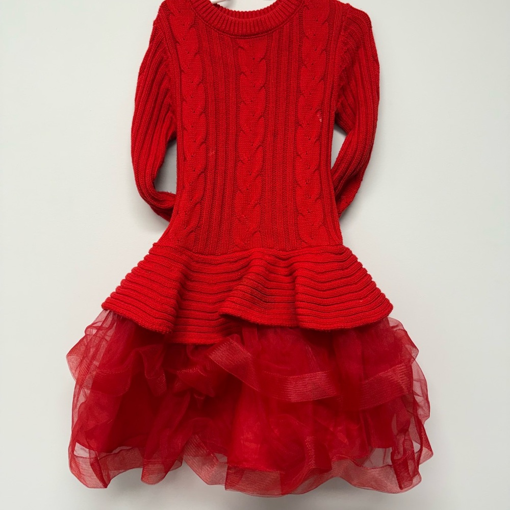 Charming Red Knit and Tulle Kids Dress